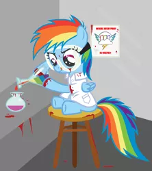 Size: 808x908 | Tagged: semi-grimdark, artist:unoriginai, derpibooru import, rainbow dash, fanfic:rainbow factory, blood, blood on goggles, clothes, cute, dashabetes, filly, filly rainbow dash, goggles, grimcute, lab coat, poster, potion, rainbow factory dash, solo