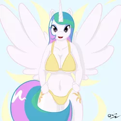 Size: 2000x2000 | Tagged: suggestive, artist:quin, derpibooru import, princess celestia, alicorn, anthro, belly button, bikini, both cutie marks, breasts, busty princess celestia, clothes, cutie mark, eyeshadow, female, hands on hip, image, makeup, multicolored mane, multicolored tail, open mouth, png, praise the sun, purple eyes, sexy, solo, solo female, spread wings, stupid sexy celestia, swimsuit