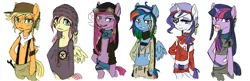 Size: 2717x885 | Tagged: safe, artist:facerenon, derpibooru import, applejack, fluttershy, pinkie pie, rainbow dash, rarity, twilight sparkle, pony, semi-anthro, badass, bandaid, beanie, bipedal, cigarette, clothes, eyepatch, fashion, goggles, hat, line-up, mane six, midriff, piercing