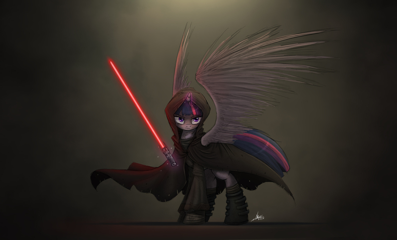 Size: 2625x1590 | Tagged: safe, artist:ncmares, derpibooru import, twilight sparkle, twilight sparkle (alicorn), alicorn, pony, badass, boots, cloak, clothes, corrupted, corrupted twilight sparkle, crossover, female, glare, hood, lightsaber, magic, mare, palindrome get, robes, sith, solo, spread wings, star wars, telekinesis, twilight is anakin, tyrant sparkle