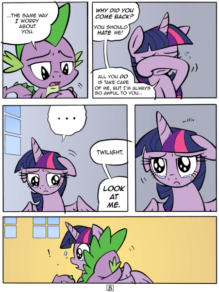 Size: 4870x6472 | Tagged: safe, artist:redapropos, derpibooru import, spike, twilight sparkle, twilight sparkle (alicorn), alicorn, pony, comic:maybe later spike, absurd resolution, comic, crying, feels, female, forgiveness, hug, mare