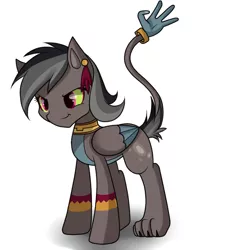 Size: 590x626 | Tagged: safe, artist:hikariviny, derpibooru import, oc, oc:yaocihuatl, unofficial characters only, hybrid, pegasus, pony, bodypaint, interspecies offspring, necklace, offspring, parent:ahuizotl, parent:daring do, parents:darizotl, piercing, simple background, smiling, smirk, solo, tail hand, white background