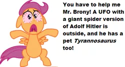 Size: 464x250 | Tagged: adolf hitler, bad trip, bronybait, derpibooru import, dinosaur, drugs, hallucination, high, implied weed, mr. brony, safe, scared, scootaloo, solo, spider, text, tyrannosaurus rex, wat