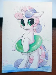 Size: 800x1076 | Tagged: safe, artist:prettypinkpony, derpibooru import, sweetie belle, pony, bipedal, cute, diasweetes, floaty, inner tube, photo, solo, traditional art, watercolor painting