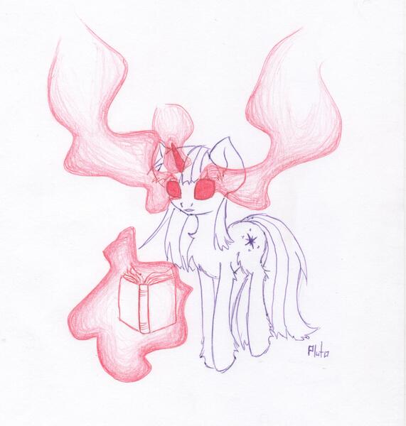 Size: 2160x2268 | Tagged: artist:pluto manson, book, derpibooru import, doodle, glowing eyes, glowing horn, safe, solo, traditional art, twilight sparkle