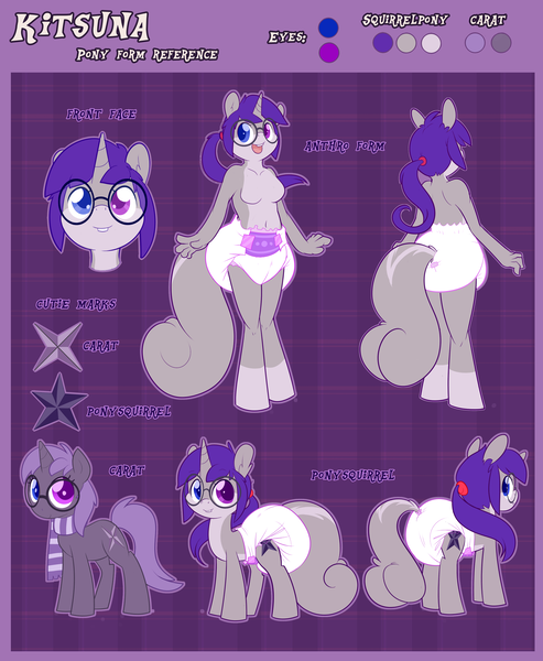 Size: 2300x2800 | Tagged: artist:cuddlehooves, breasts, derpibooru import, diaper, diaper fetish, female, furry, glasses, heterochromia, nudity, oc, oc:carat, oc:kitsuna, poofy diaper, questionable, reference sheet, squirrel tail, unofficial characters only