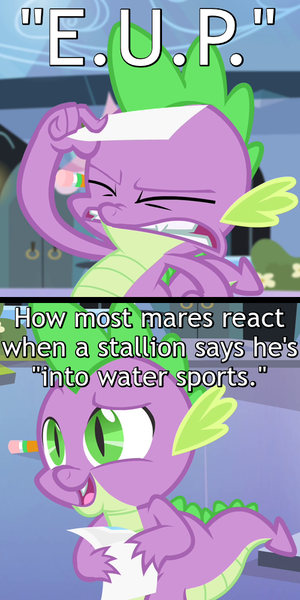Size: 500x1000 | Tagged: caption, carnac the magnificent, comic, derpibooru import, dragon, edit, edited screencap, envelope reading, equestria games (episode), implied watersports, johnny carson, male, meme, pencil, screencap, solo, spike, suggestive