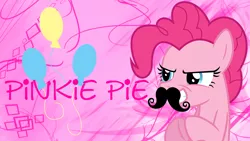 Size: 2560x1440 | Tagged: artist:huskyfan, artist:jackos92, cutie mark, derpibooru import, moustache, pinkie pie, safe, smiling, solo, vector, wallpaper