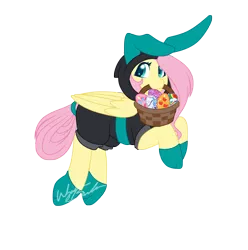 Size: 3487x3513 | Tagged: safe, artist:fuyusfox, derpibooru import, fluttershy, pegasus, pony, basket, bunny ears, clothes, cute, dangerous mission outfit, easter, easter basket, easter egg, egg, female, holiday, looking at you, mare, mouth hold, simple background, solo, transparent background
