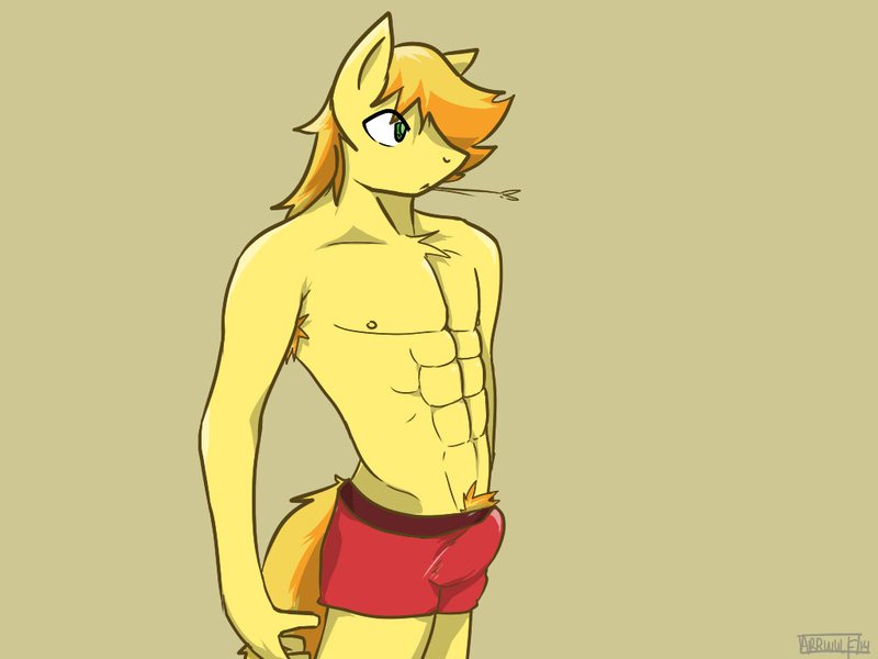 Size: 1024x768 | Tagged: anthro, artist:arrwulf, bare chest, braeburn, buff, clothes, crotch bulge, derpibooru import, male, questionable, solo, solo male, stupid sexy braeburn, topless, underwear