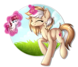 Size: 2106x1809 | Tagged: safe, artist:kerydarling, derpibooru import, oc, oc:fausticorn, oc:sonna, unofficial characters only, pony, unicorn, cute, doll, eyes closed, grass, happy, magic, simple background, solo