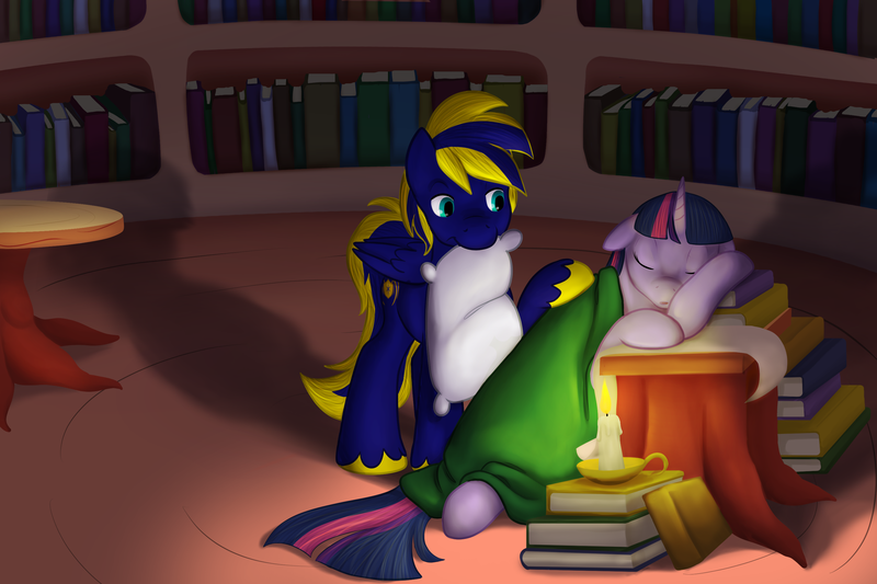 Size: 3000x2000 | Tagged: safe, artist:zephyr093, derpibooru import, twilight sparkle, twilight sparkle (alicorn), oc, oc:zephyr, alicorn, pony, :o, blanket, book, candle, canon x oc, eyes closed, female, floppy ears, golden oaks library, lighting, mare, mouth hold, pillow, shadow, sleeping, sleepy, smiling, twiphyr