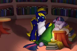 Size: 3000x2000 | Tagged: safe, artist:zephyr093, derpibooru import, twilight sparkle, twilight sparkle (alicorn), oc, oc:zephyr, alicorn, pony, :o, blanket, book, candle, canon x oc, eyes closed, female, floppy ears, golden oaks library, lighting, mare, mouth hold, pillow, shadow, sleeping, sleepy, smiling, twiphyr