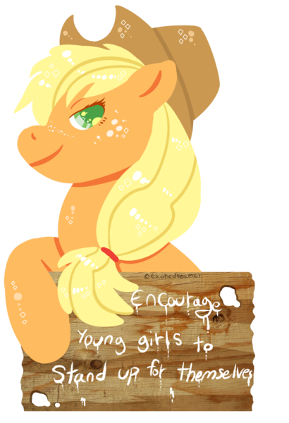 Size: 700x1024 | Tagged: applejack, artist:coffeelotte, drama, drama bait, feminism, floppy ears, freckles, glare, leaning, looking at you, mouthpiece, safe, smiling, social justice warrior, solo