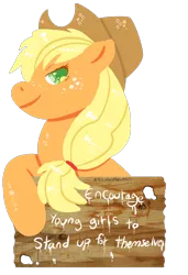 Size: 700x1024 | Tagged: applejack, artist:coffeelotte, drama, drama bait, feminism, floppy ears, freckles, glare, leaning, looking at you, mouthpiece, safe, smiling, social justice warrior, solo