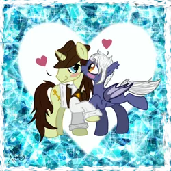 Size: 1100x1100 | Tagged: safe, artist:kazziepones, derpibooru import, oc, unofficial characters only, bat pony, pony, fedora, female, hat, heart, male, shipping, straight