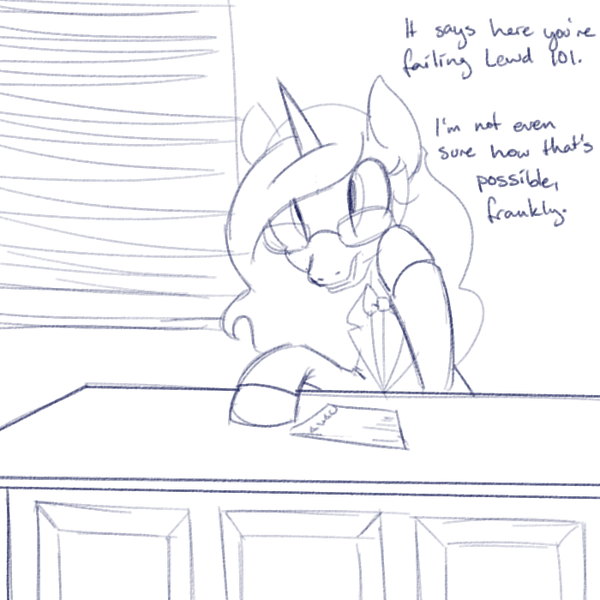 Size: 700x700 | Tagged: artist:goat train, bowtie, clothes, derpibooru import, desk, dialogue, frown, glasses, grades, hoof hold, lewd, looking at you, monochrome, open mouth, princess celestia, safe, sitting, solo, table, teacher