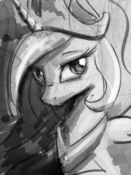 Size: 900x1200 | Tagged: safe, artist:ruby, derpibooru import, princess celestia, monochrome, solo