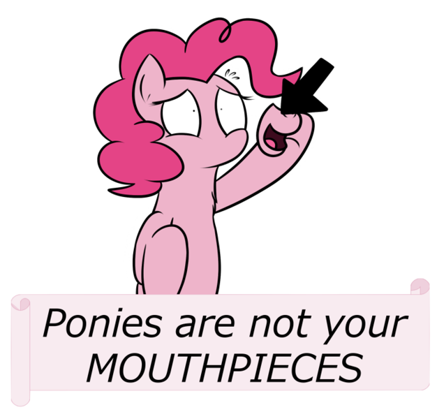 Size: 715x685 | Tagged: arrow, artist:maybelle, caption, magic duel, meta, modular, mouthpiece, no mouth, old banner, pinkie pie, safe, simple background, solo, transparent background