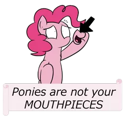 Size: 715x685 | Tagged: arrow, artist:maybelle, caption, magic duel, meta, modular, mouthpiece, no mouth, old banner, pinkie pie, safe, simple background, solo, transparent background