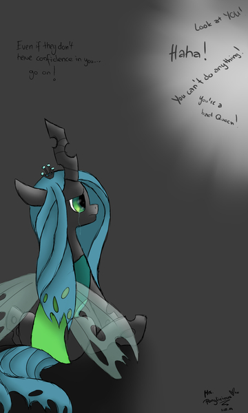 Size: 1500x2500 | Tagged: artist:mrs-ponylicious, bullying, changeling, changeling queen, crying, cute, cutealis, dialogue, female, filly, filly queen chrysalis, foal, gradient background, nymph, queen chrysalis, sad, sadorable, safe, signature, solo, younger