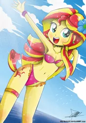 Size: 739x1055 | Tagged: safe, artist:the-butch-x, derpibooru import, sunset shimmer, equestria girls, adorasexy, armpits, bandeau, beach, belly button, bikini, blushing, bracelet, breasts, busty sunset shimmer, cleavage, clothes, cute, cutie mark, cutie mark on equestria girl, female, flower in hair, frilled swimsuit, frilly, garter, happy, lace, ocean, pink swimsuit, sexy, shimmerbetes, solo, swimsuit, tricolor swimsuit, underass, water, x summer