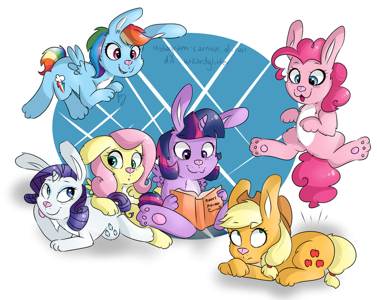 Size: 5875x4669 | Tagged: :3, absurd resolution, applejack, artist:bloodyhellhayden, book, bunnified, bunnyshy, cute, derpibooru import, fluttershy, frown, jumping, mane six, my little bunny, pinkie pie, prone, rabbit, rainbow dash, rarity, reading, safe, smiling, species swap, twilight sparkle, twilight sparkle (alicorn), wide eyes