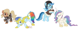 Size: 1280x491 | Tagged: artist:kumkrum, clothes, costume, derpibooru import, nightmare night, oc, oc:applesauce, oc:feathers, oc:ragtag, oc:shooting star, offspring, parent:rainbow dash, parent:soarin', parents:soarindash, safe, unofficial characters only