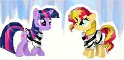 Size: 916x446 | Tagged: safe, artist:kittenpuffybuns, derpibooru import, sunset shimmer, twilight sparkle, pony, clothes, prison outfit, prison stripes, prisoner ts