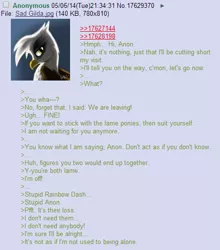 Size: 446x506 | Tagged: safe, derpibooru import, gilda, gryphon, 4chan, anon in equestria, greentext, /mlp/, rejection, rejection is magic, sad, text