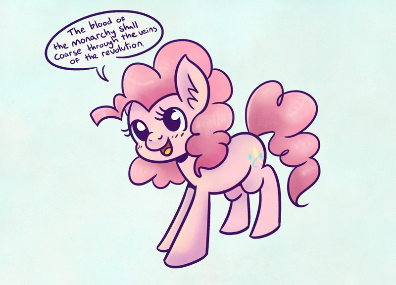 Size: 1000x720 | Tagged: safe, artist:steveholt, derpibooru import, pinkie pie, earth pony, pony, cute, dialogue, dissonant caption, female, grimcute, mare, open mouth, revolution, smiling, solo, speech bubble, text, three quarter view