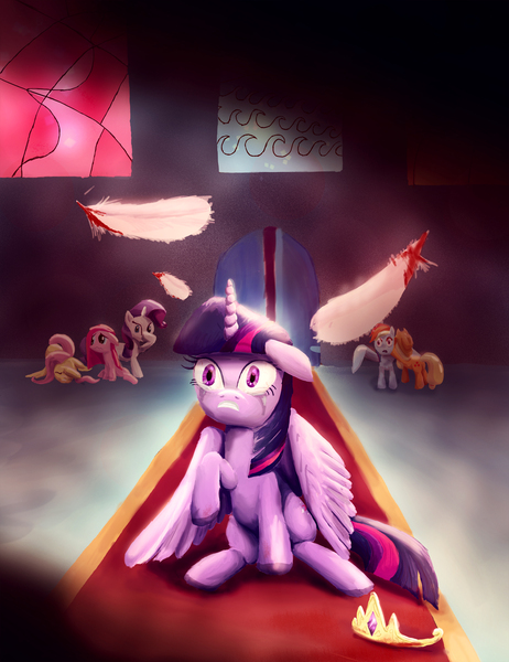 Size: 1927x2500 | Tagged: semi-grimdark, artist:fox-moonglow, derpibooru import, applejack, fluttershy, pinkie pie, rainbow dash, rarity, twilight sparkle, twilight sparkle (alicorn), alicorn, pony, blood, crown, crying, death, feather, female, implied death, implied princess celestia, mane six, mare, pinkamena diane pie, throne room