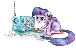 Size: 1200x767 | Tagged: safe, artist:snakeonmoon, derpibooru import, twilight sparkle, blank flank, earpiece, solo, telegraph machine, tongue out, traditional art