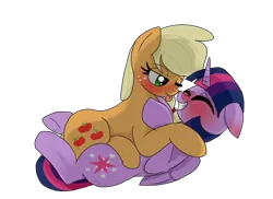 Size: 770x560 | Tagged: suggestive, artist:misspolycysticovary, derpibooru import, applejack, twilight sparkle, twilight sparkle (alicorn), alicorn, pony, :p, bedroom eyes, blushing, cuddling, eyes closed, female, floppy ears, grin, lesbian, mare, on back, on top, shipping, simple background, smiling, snuggling, tongue out, transparent background, twijack, wink