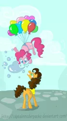 Size: 1600x2880 | Tagged: safe, artist:captainmcderpachu, artist:everlastingderp, derpibooru import, cheese sandwich, pinkie pie, earth pony, pony, balloon, blowing bubbles, bubble, cheesepie, female, flying, male, mare, shipping, stallion, straight, then watch her balloons lift her up to the sky