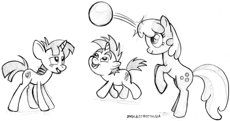 Size: 1151x609 | Tagged: artist:endlessnostalgia, ball, cheerilee, derpibooru import, monochrome, safe, sketch, snails, snips