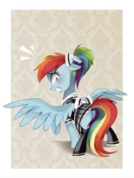 Size: 701x934 | Tagged: suggestive, artist:pepooni, derpibooru import, rainbow dash, pegasus, pony, alternate hairstyle, blushing, bow, caught, clothes, female, looking back, maid, mare, out of frame, ponytail, rainbow dash always dresses in style, solo, tsundere