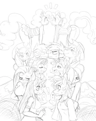 Size: 1965x2485 | Tagged: anthro, applejack, applejack (male), artist:ss2sonic, barb, breasts, bubble berry, busty fluttershy, butterscotch, derpibooru import, dusk shine, elusive, fanfic:on a cross and arrow, female, fluttershy, monochrome, pinkie pie, rainbow blitz, rainbow dash, rarity, rule 63, safe, self ponidox, sketch, spike, twilight sparkle