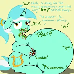 Size: 3400x3400 | Tagged: adorafatty, alternate hairstyle, artist:zeldafan777, ask, ask fatbelliedlyra, belly, burp, chubby, derpibooru import, fat, gross, hiccups, impossibly large belly, lard-ra heartstrings, lyra heartstrings, messy, messy eating, morbidly obese, obese, overweight, ponytail, safe, solo, stomach noise, stuffing, tumblr, weight gain