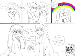 Size: 1600x1200 | Tagged: artist:meewin, chilli, comic, derpibooru import, female, gay, kissing, lesbian, male, monochrome, oc, prank, safe, troll, unofficial characters only