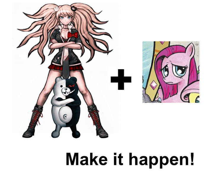 Size: 762x620 | Tagged: danganronpa, dark mirror universe, derpibooru import, equestria-3, exploitable meme, idw, junko enoshima, make it happen, meme, monokuma, nail polish, pinkamena diane pie, pinkie pie, safe