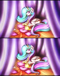Size: 1280x1630 | Tagged: artist:shydale, bed, candy, colored eyelashes, curtains, derpibooru import, dock, eating, eyelashes, looking at you, looking back, magic, pillow, princess celestia, safe, side, smiling, solo, telekinesis