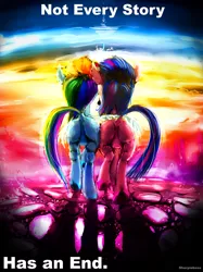 Size: 1807x2412 | Tagged: safe, artist:sharpieboss, derpibooru import, rainbow dash, twilight sparkle, pegasus, pony, unicorn, backlighting, cobblestone street, color porn, featureless crotch, female, hug, lesbian, mare, pair, plot, plot pair, rainbow, rear view, shipping, surreal, twidash, underhoof, unicorn twilight, winghug