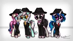 Size: 2000x1125 | Tagged: artist:esuka, bon bon, clothes, derpibooru import, fedora, glasses, hat, lyra heartstrings, octavia melody, safe, suit, sweetie drops, vinyl scratch