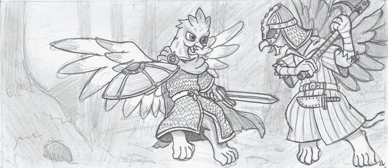 Size: 2687x1164 | Tagged: safe, artist:sensko, derpibooru import, oc, unofficial characters only, gryphon, axe, battle axe, duel, forest, grayscale, helmet, monochrome, pencil drawing, shield, sketched background, sword, traditional art, viking helmet, weapon