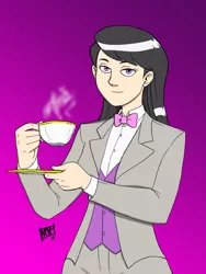 Size: 1000x1333 | Tagged: artist:mono-phos, bowtie, clothes, cup, derpibooru import, gradient background, human, humanized, lidded eyes, octavia melody, safe, smiling, solo, suit, tea, teacup, waistcoat