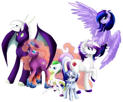 Size: 800x668 | Tagged: safe, artist:arcadianphoenix, derpibooru import, oc, oc:opal flare, oc:prince shining romance, oc:princess morning mist, oc:princess starlight swirl, oc:radiant aegis, oc:sapphire blitz, unofficial characters only, crystal pony, dracony, hybrid, pegasus, pony, unicorn, flying, interspecies offspring, looking at you, next generation, offspring, parent:flash sentry, parent:princess cadance, parent:princess celestia, parent:rarity, parent:shining armor, parent:spike, parent:twilight sparkle, parents:flashlight, parents:guardlestia, parents:shiningcadance, parents:sparity, raised hoof, rearing, smiling, spread wings