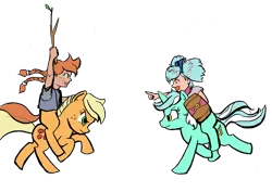 Size: 1280x905 | Tagged: applejack, artist needed, colored, derpibooru import, edit, filly, galloping, grin, jousting, lyra heartstrings, mother and daughter, oc, oc:cinnamon cider, oc:hope, offspring, parent:applejack, parent:lyra heartstrings, pointing, riding, running, safe, satyr, shield, smiling, stick