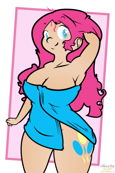 Size: 3400x5100 | Tagged: armpits, artist:alacrityorbust, artist:sanders, breasts, busty pinkie pie, derpibooru import, female, human, humanized, looking at you, pinkie pie, simple background, solo, solo female, suggestive, towel, transparent background, vector