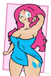 Size: 3400x5100 | Tagged: armpits, artist:alacrityorbust, artist:sanders, breasts, busty pinkie pie, derpibooru import, female, human, humanized, looking at you, pinkie pie, simple background, solo, solo female, suggestive, towel, transparent background, vector